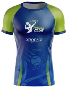 And paddle sports equipment, t-shirt, blue, navy and lime green.