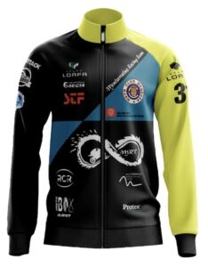 100% personalisierte Motorrad-Trainingsjacke mit allen Sponsoren und dem Design des Kunden in schwarz und fluorgelb.