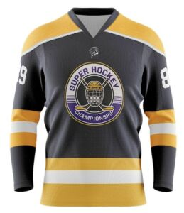 Camiseta de hockey 100% personalizada a gusto del cliente en colores negro y amarillo.
